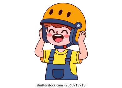 Child put on his helmet. Clipart cartoon.