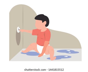 Child putting fingers in holes of socket. Boy risking to get electric shock. Kid in accidents without help. Child without parents attention. Irresponsible family concept. Flat cartoon vector