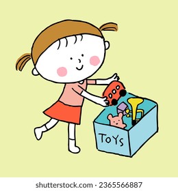 A child putting toys away in a toy box