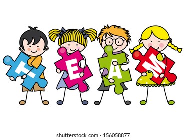 Child with puzzle pieces making a team
