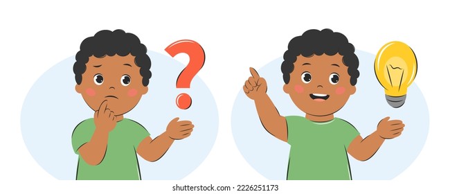 Child question. Kid boy ask question and found answe. Vector illustration