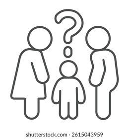 Child question for parents thin line icon, family lawyer concept. Vector graphics. Man with woman and child trust problem sign on white background, outline style icon for mobile or web design