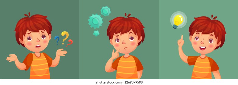 Child question. Thoughtful young boy ask question, confused kid and understand or found answer. Confuse kid contemplation thinking expression with intelligent face cartoon vector portrait illustration