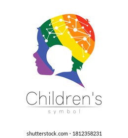 Kinderregenbogen-Logo in Vektorgrafik. Silhouette profitiert den menschlichen Kopf mit dem Gehirn. Concept Logo für Menschen, Kinder, Autismus, Kinder, Therapie, Klinik, Bildung. Vorlagensymbol, modernes Design einzeln auf Weiß