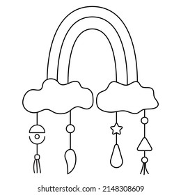 Child rainbow outline logo. Rainbow with clouds and pendant, Boho emblem. Bohemian sign. Elegant minimal badge for company branding. Editable stroke. Isolated vector stock illustration