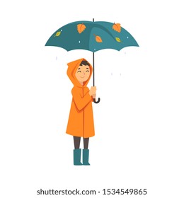 Child in a raincoat stands under an umbrella cartoon vector illustration