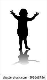 Child with raised hands, runs and scares