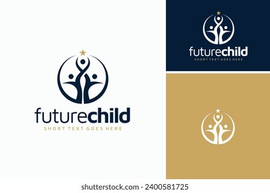 Child Reach Star with Mother and Father. Parent Support Kid to Get Better Future logo design