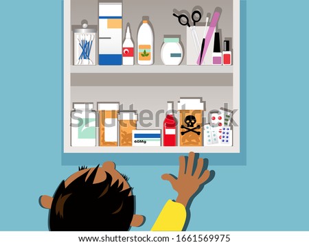 Child reaching for a dangerous drug in a medicine cabinet at home, EPS 8 vector illustration