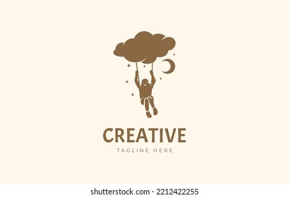Child Reaching Dream Logo Design Template. Child Playing Swing On Clouds.