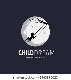 Child Reaching Dream Logo Design Playing Swing Under The Tree With Moon 