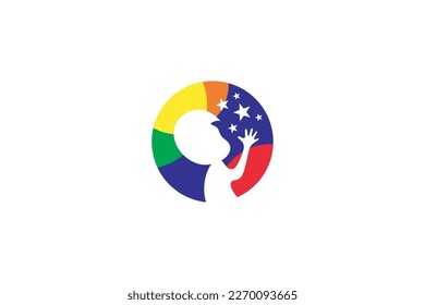 Child reaching for star logo in circle shape with colorful design
