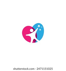 child reaching star logo in shape of love symbol in flat vector design