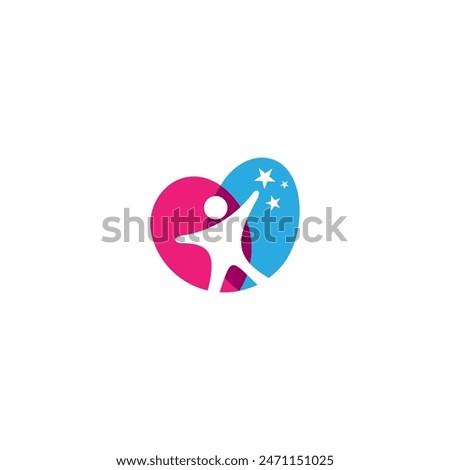 child reaching star logo in shape of love symbol in flat vector design