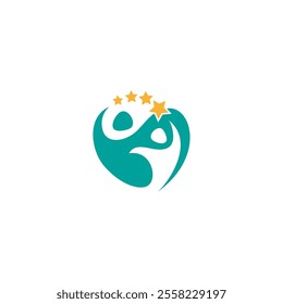 child reaching for stars in love heart shape symbol in flat logo vector design style concept