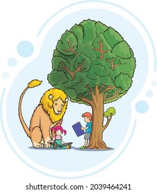 child read book with the lion  in the garden cartoon vector