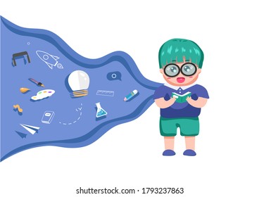 Child read a book, nerd boy character, education idea creativity concept, back to school vector illustration
