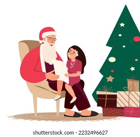 Child Read Poem to Santa Claus.Little Girl Character Meeting with Father Noel Sitting on Armchair at Decorated Christmas Tree.Kid read a letter with wishes for Christmas.Flat Vector Illustration