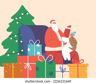 Child Read Poems to Santa Claus. Little Girl or Boy Character Sitting on Knees of Father at Decorated Christmas Tree with Pile of Gifts and Presents, Xmas Eve. Cartoon People Vector Illustration