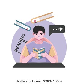 A child reading a book with a big smile on his face. The colorful and vibrant design will make your project stand out