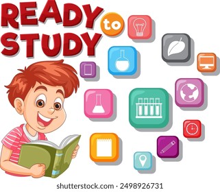 Child reading book with educational icons