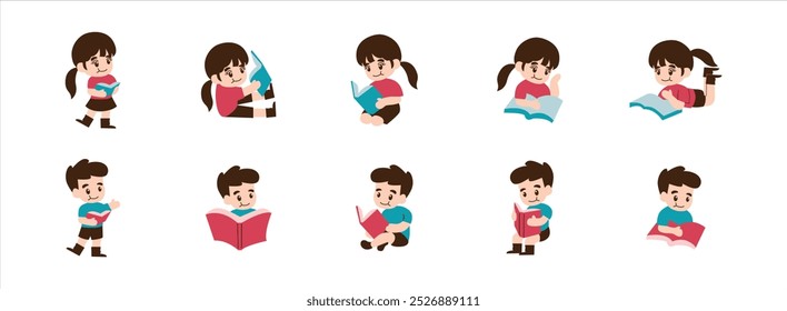 Child Reading a Book flat illustration set. Include of read, school, clever, and hobby. Vector illustration isolated.