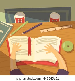 A child reading a book. He sits at the table. Around him are the tools. Apple is on the table. From the window the sun is shining. Vector cartoon illustration