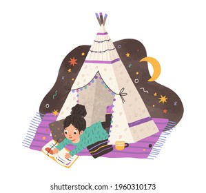 Child reading book in homemade teepee. Girl with storybook in home tent or hut. Kid resting on blanket and cushions in tipi. Colored flat vector illustration isolated on white background