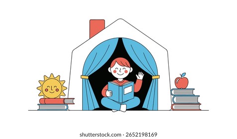 Child reading book inside house shelter with sun and stacked books