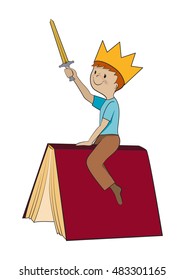 Child reading book, kid imagination, role play concept, Boy sitting on a book in crown with sword cartoon vector illustration
