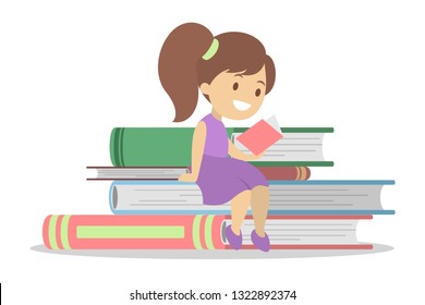 Child reading book. Kid read in kindergarten or school sitting on the pile of books. Flat vector illustration