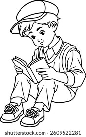 child reading a book line vector illustration isolated on white background