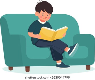 Child reading a book on a couch home illustration cozy front view