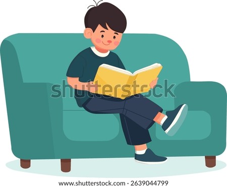 Child reading a book on a couch home illustration cozy front view