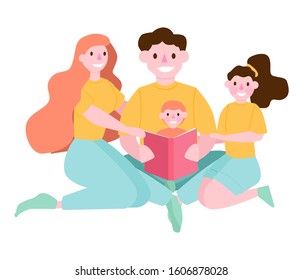 Child reading book with parents. Happy parents and child spend time together. Family activity. People reading book. Collection of man and woman who read at home. Flat vector illustration