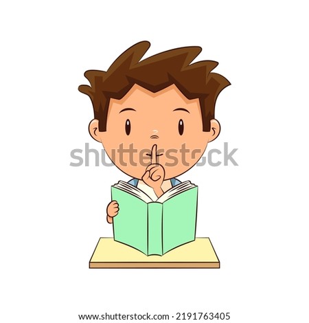 Child reading book silence gesture, vector illustration