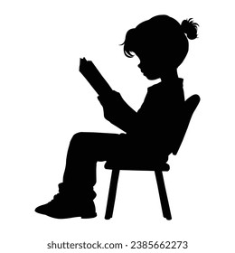 Child Reading Book Silhouette on White.