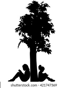Child Reading The Book, Silhouette Vector
