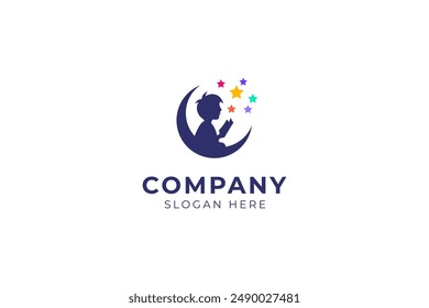 Child Reading a Book sitting Crescent Moon decorated with Colorful Stars in silhouette flat design vector illustration template logo