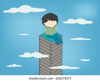 Child reading a book sitting on stack of books up to sky for children culture growth - Vector illustration