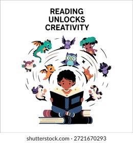Criança lendo um livro cercado por criaturas mágicas e texto criatividade imaginação