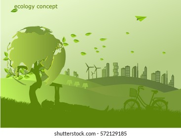 Child reading book under global tree,concept Environmentally friendly world. Vector illustration 