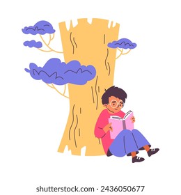 A child reading a book under a large tree with stylized blue leaves. Vector illustration capturing the joy of reading and learning in nature.