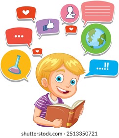Livro de leitura infantil com várias bolhas de pensamento