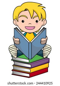 Child reading book, vector illustration, isolated white background