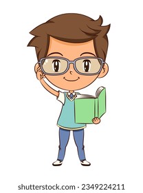 Child reading book wearing glasses and school uniform
