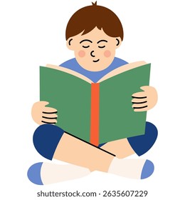 Child reading book while sitting cross-legged.  Young boy sitting cross-legged and reading a large book, symbolizing education, learning, and concentration.