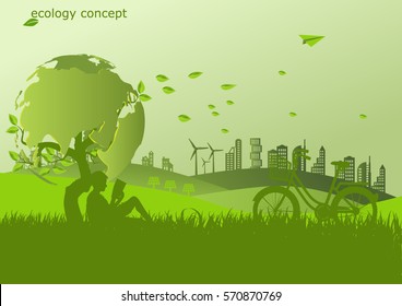 child reading the book ,windmill and solar panels on the grass  ,Environmentally friendly world. Vector illustration of ecology
