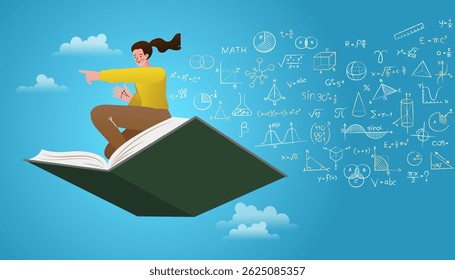 A child reading a giant open book with education-themed doodle elements in the background. Concept of learning, imagination, and creative education. Modern vector ,flat and illustration.