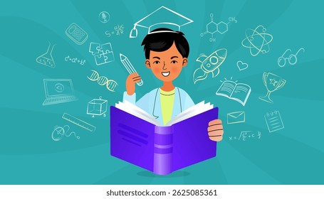A child reading a giant open book with education-themed doodle elements in the background. Concept of learning, imagination, and creative education. Modern vector ,flat and illustration.
